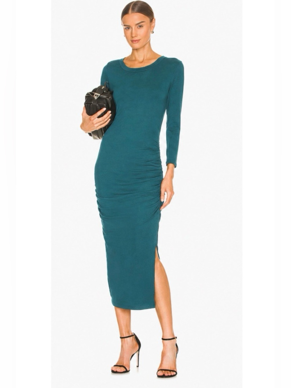 Michael Stars Christina Ribbed Ruched Midi Dress Long Sleeve Green Teal SZ LP